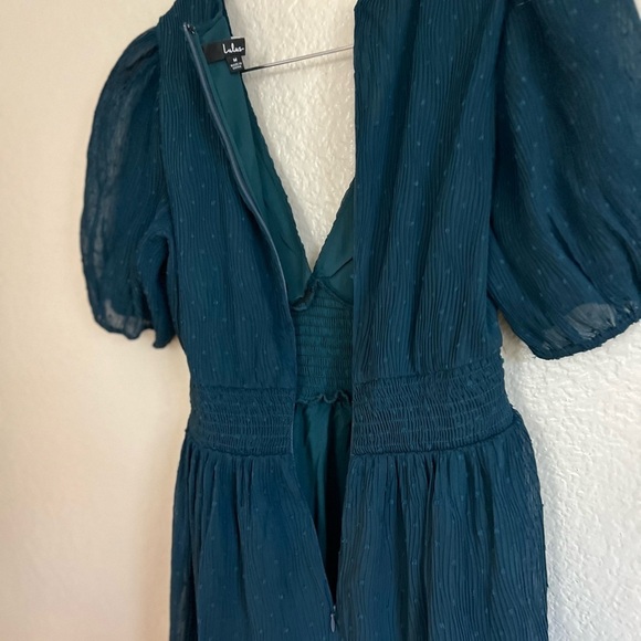 NWOT Tier to Please Dark Teal Puff Sleeve Swiss Dot Midi Dress - Picture 7 of 8